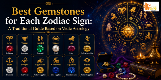 Collection of traditional Vedic gemstones including ruby, pearl, emerald, yellow sapphire, diamond, blue sapphire, coral, cat's eye, hessonite, and zodiac symbols.