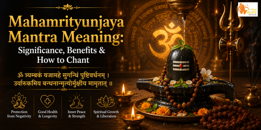 Devotee chanting the Mahamrityunjaya Mantra before a Lord Shiva idol with a Shiva Lingam, Rudraksha mala, lit brass diya, incense, and sacred offerings in a peaceful temple setting.
