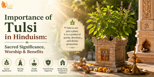Sacred Tulsi plant in a traditional Tulsi Vrindavan with a lit brass diya, flowers, and a devotee offering prayers in a peaceful Hindu home courtyard.