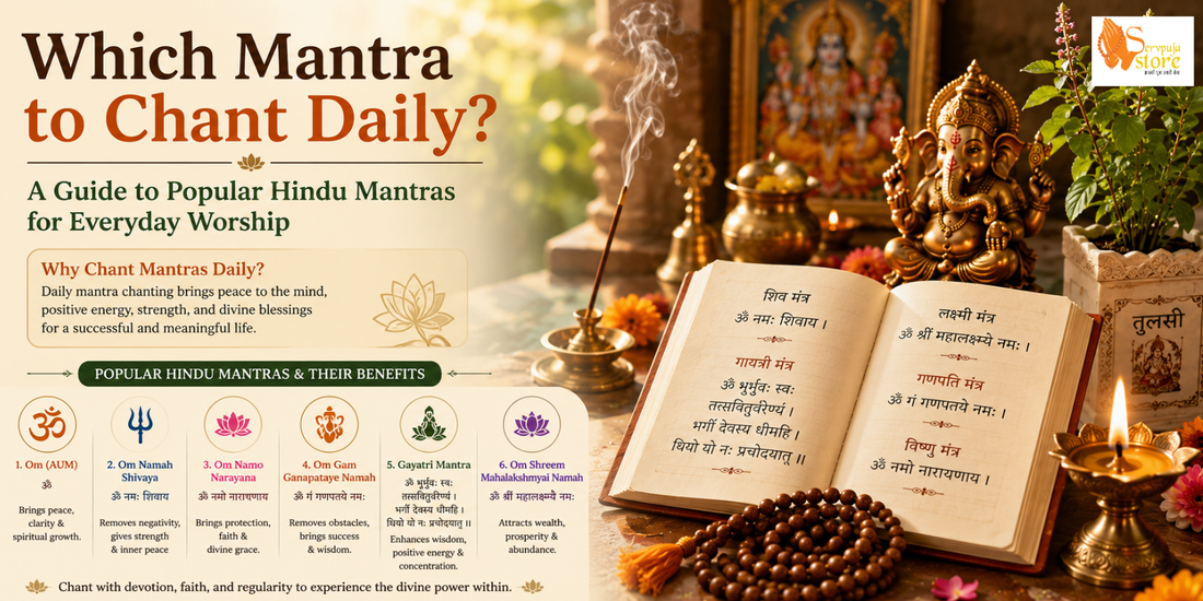Devotee chanting Hindu mantras with a Rudraksha mala before a home temple featuring Lord Ganesha, Lord Shiva, brass diyas, incense, and fresh flowers during morning worship.