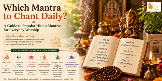 Devotee chanting Hindu mantras with a Rudraksha mala before a home temple featuring Lord Ganesha, Lord Shiva, brass diyas, incense, and fresh flowers during morning worship.