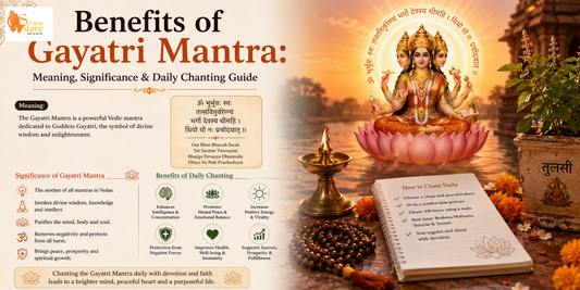 Devotee chanting the Gayatri Mantra with a Rudraksha mala before Goddess Gayatri, a lit brass diya, incense, and sacred scriptures during morning prayers.