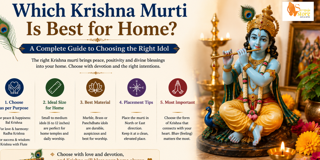Beautiful Lord Krishna Murti with flute alongside Radha in a traditional home temple, decorated with fresh flowers, brass diyas, peacock feathers, and devotional décor.