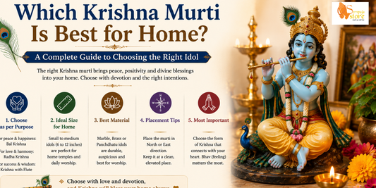 Beautiful Lord Krishna Murti with flute alongside Radha in a traditional home temple, decorated with fresh flowers, brass diyas, peacock feathers, and devotional décor.