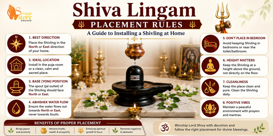 Sacred Shiva Lingam placed in a traditional home temple with Nandi, brass diya, Bilva leaves, flowers, water pot, and incense following traditional Hindu worship practices.