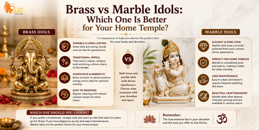 Side-by-side comparison of brass and marble Hindu idols in a beautifully decorated home temple with brass diyas, flowers, incense, and traditional devotional décor.