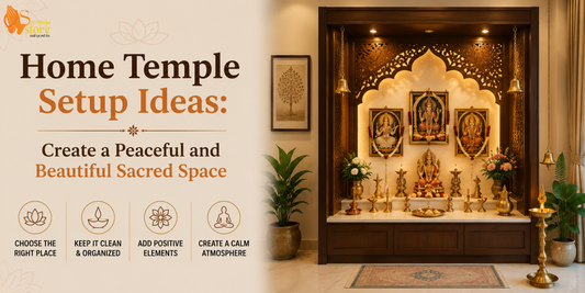 Beautiful home temple setup with wooden mandir, brass idols, diyas, flowers, and peaceful spiritual décor.