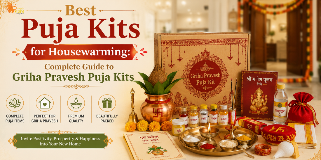 Complete Griha Pravesh Puja Kit with kalash, coconut, mango leaves, incense, diyas, kumkum, rice, flowers, and essential puja items for a housewarming ceremony.