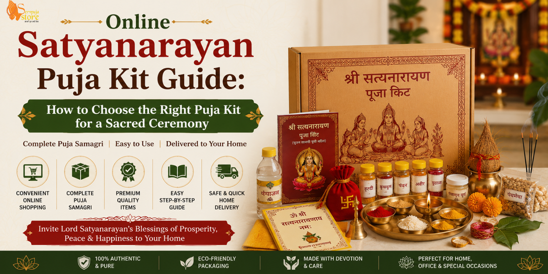 Complete Online Satyanarayan Puja Kit with kalash, coconut, betel leaves, incense, diya, flowers, kumkum, rice, and sacred puja essentials.