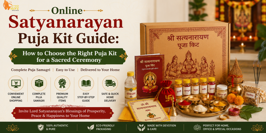 Complete Online Satyanarayan Puja Kit with kalash, coconut, betel leaves, incense, diya, flowers, kumkum, rice, and sacred puja essentials.