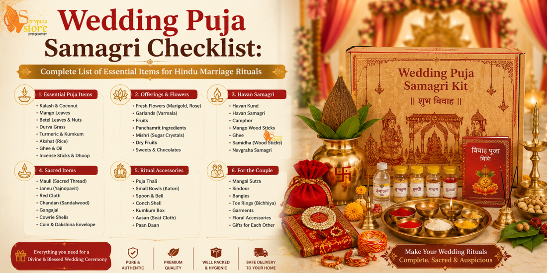 Complete Wedding Puja Samagri Checklist with kalash, coconut, havan kund, mango leaves, turmeric, kumkum, rice, flowers, diya, and sacred Hindu marriage ritual items.