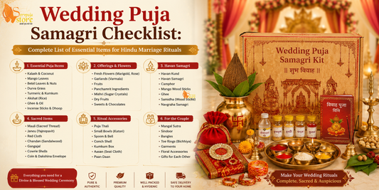 Complete Wedding Puja Samagri Checklist with kalash, coconut, havan kund, mango leaves, turmeric, kumkum, rice, flowers, diya, and sacred Hindu marriage ritual items.