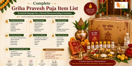 Complete Griha Pravesh Puja Item List with kalash, coconut, mango leaves, diya, flowers, turmeric, kumkum, rice, incense, and sacred housewarming puja essentials.