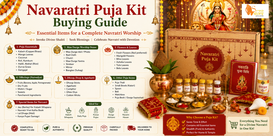 Complete Navaratri Puja Kit with Maa Durga idol, kalash, coconut, red cloth, kumkum, flowers, diya, incense, fruits, and sacred worship essentials.