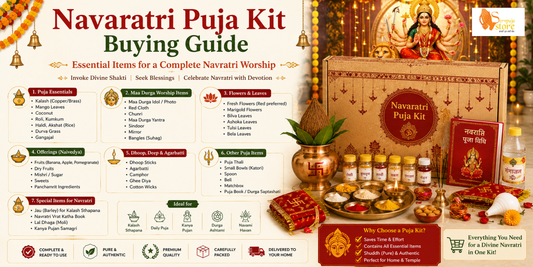 Complete Navaratri Puja Kit with Maa Durga idol, kalash, coconut, red cloth, kumkum, flowers, diya, incense, fruits, and sacred worship essentials.