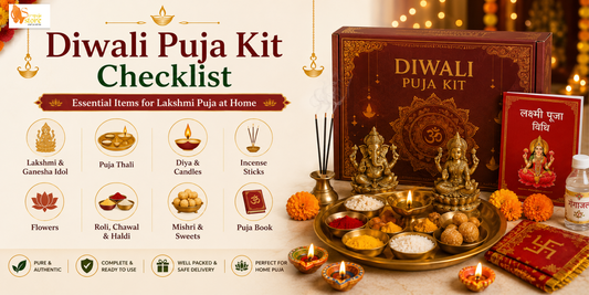 Complete Diwali Puja Kit with Lakshmi Ganesh idols, kalash, coconut, diya, incense, kumkum, rice, flowers, sweets, coins, and essential Lakshmi Puja items.