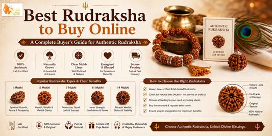 Authentic Rudraksha beads with certification, magnifying glass, and sacred puja items displayed for an online buying guide.
