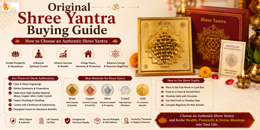 Authentic Shree Yantra made of brass and copper displayed with a magnifying glass, puja accessories, and traditional worship items.