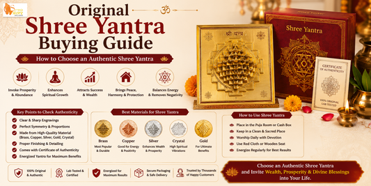 Authentic Shree Yantra made of brass and copper displayed with a magnifying glass, puja accessories, and traditional worship items.
