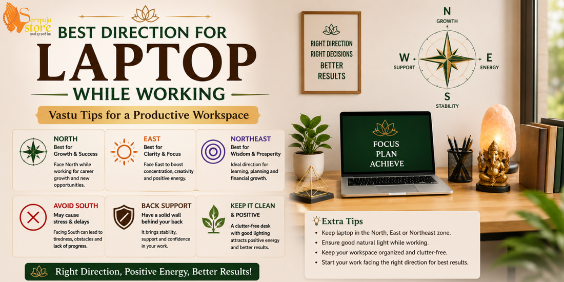 Professional working on a laptop facing the ideal Vastu direction in a well-organized home office.