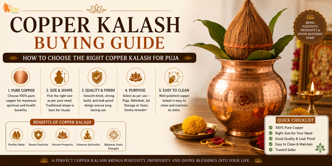Pure copper Kalash placed with mango leaves and coconut for a traditional Hindu puja.