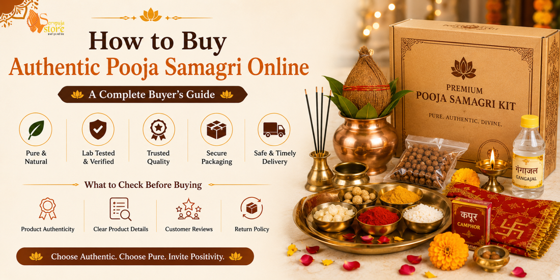 Authentic pooja samagri including brass diya, kalash, incense sticks, kumkum, turmeric, bell, flowers, and puja essentials arranged for online shopping.