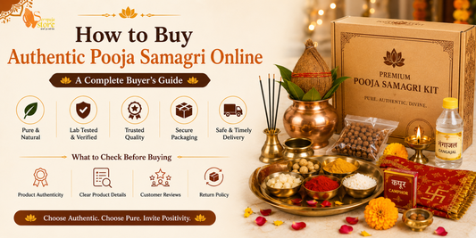 Authentic pooja samagri including brass diya, kalash, incense sticks, kumkum, turmeric, bell, flowers, and puja essentials arranged for online shopping.