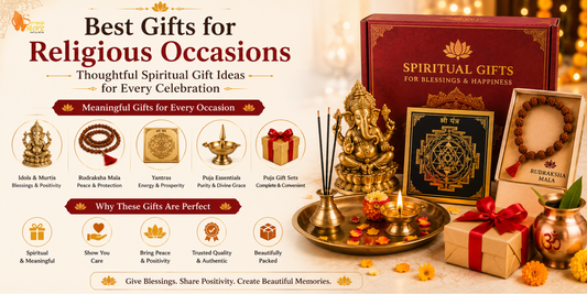 Beautiful spiritual gift hamper with brass diya, incense holder, Rudraksha mala, Shree Yantra, idols, and pooja essentials for religious occasions.