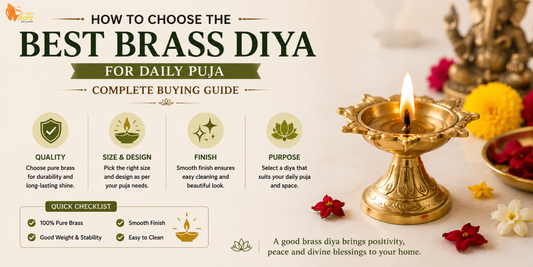 Traditional brass diya lit with oil and cotton wick in a beautifully decorated home temple.