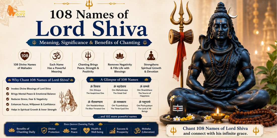 Sacred image of Lord Shiva with Rudraksha mala, Trishul, Damru, and a scroll displaying the 108 divine names of Mahadev