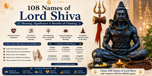Sacred image of Lord Shiva with Rudraksha mala, Trishul, Damru, and a scroll displaying the 108 divine names of Mahadev
