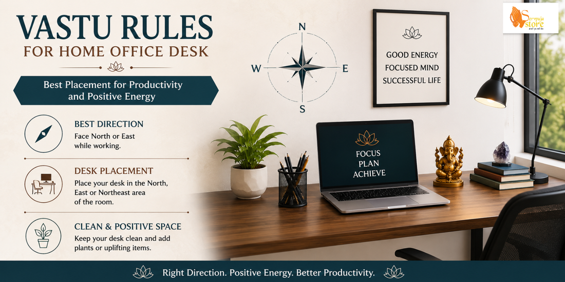 Home office desk arranged according to Vastu principles for better productivity and positive energy.