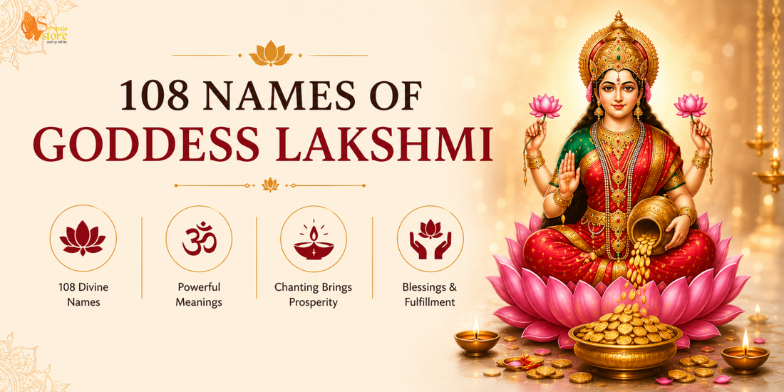 Sacred image of Goddess Lakshmi seated on a lotus with gold coins, lotus flowers, kalash, and a scroll displaying the 108 divine names of Maa Lakshmi.