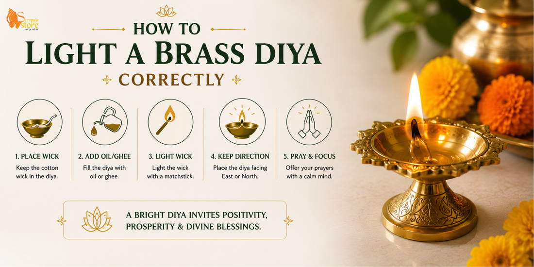 Traditional brass diya being lit with a cotton wick and oil during daily home puja.
