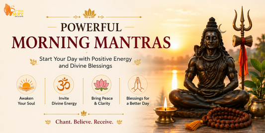 A peaceful sunrise with a devotee chanting powerful morning mantras before a home temple with a brass diya, incense, lotus flowers, and sacred scriptures.