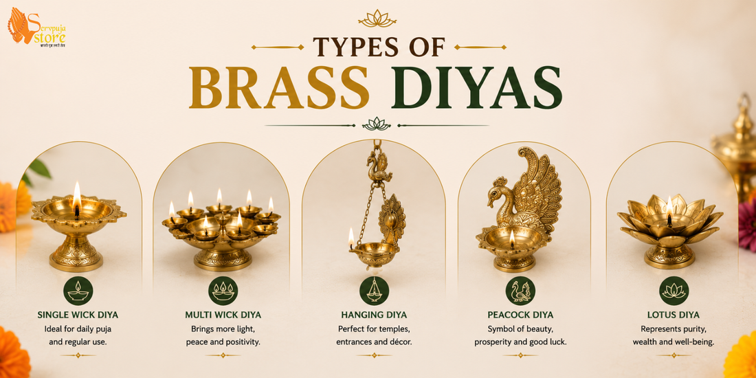Collection of different types of traditional brass diyas used for daily puja and festive rituals.