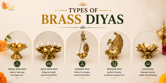 Collection of different types of traditional brass diyas used for daily puja and festive rituals.