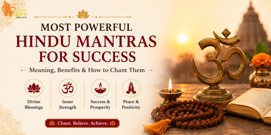 A devotee chanting powerful Hindu mantras with a Rudraksha mala before a home temple featuring Lord Ganesha, Goddess Lakshmi, and a lit brass diya.