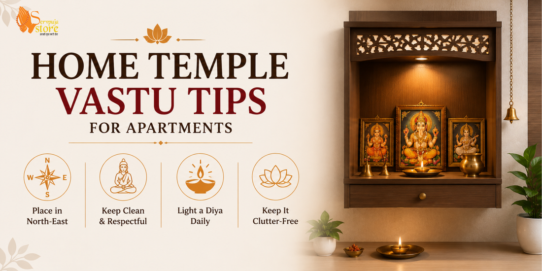 A compact apartment home temple placed in the northeast corner with wooden mandir, brass diya, idols, flowers, and Vastu-compliant décor.