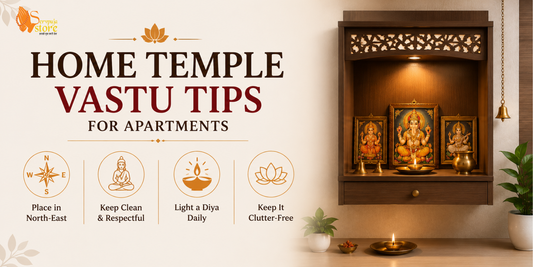 A compact apartment home temple placed in the northeast corner with wooden mandir, brass diya, idols, flowers, and Vastu-compliant décor.