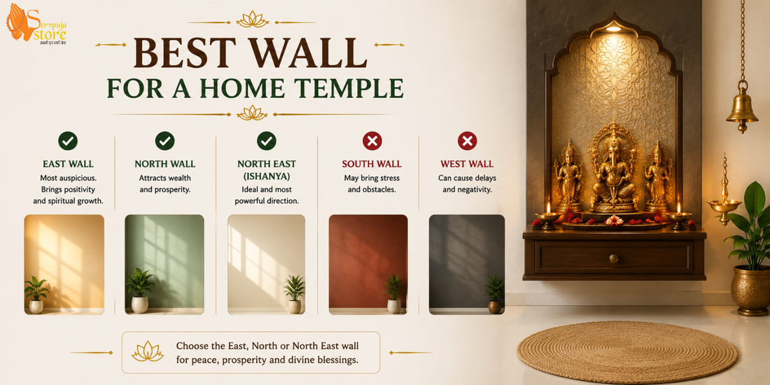 A wooden home temple installed on the northeast wall with brass diyas, divine idols, flowers, and Vastu-compliant décor.