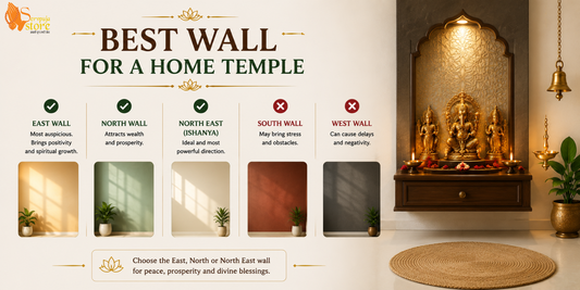A wooden home temple installed on the northeast wall with brass diyas, divine idols, flowers, and Vastu-compliant décor.