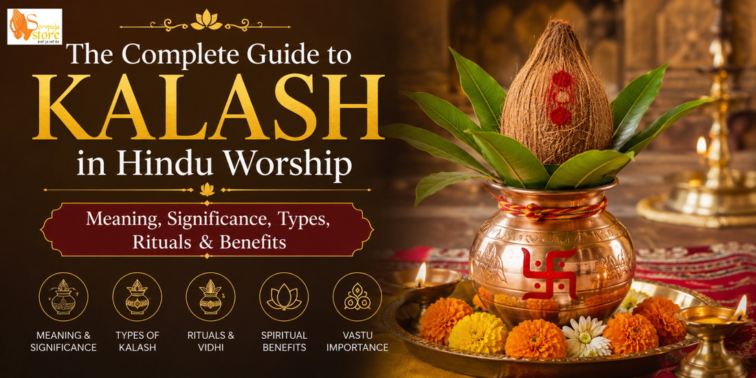 The Complete Guide to Kalash in Hindu Worship featuring a traditional brass Kalash with coconut, mango leaves, flowers, and sacred decorations in a home temple.