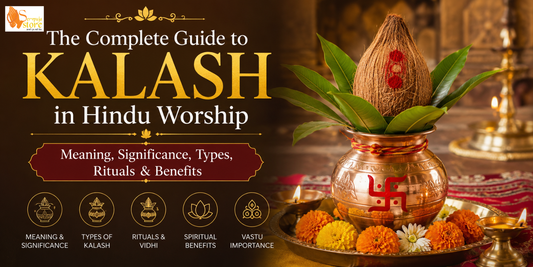The Complete Guide to Kalash in Hindu Worship featuring a traditional brass Kalash with coconut, mango leaves, flowers, and sacred decorations in a home temple.