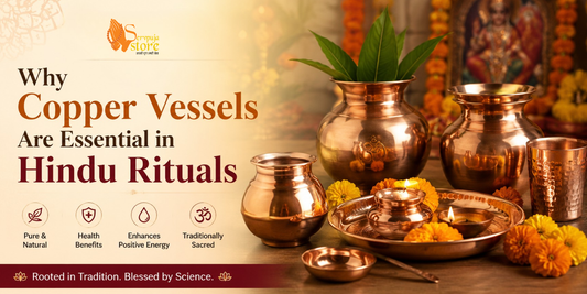 Traditional copper Kalash, lota, and puja vessels arranged for Hindu worship in a home temple with flowers, diya, and sacred offerings.