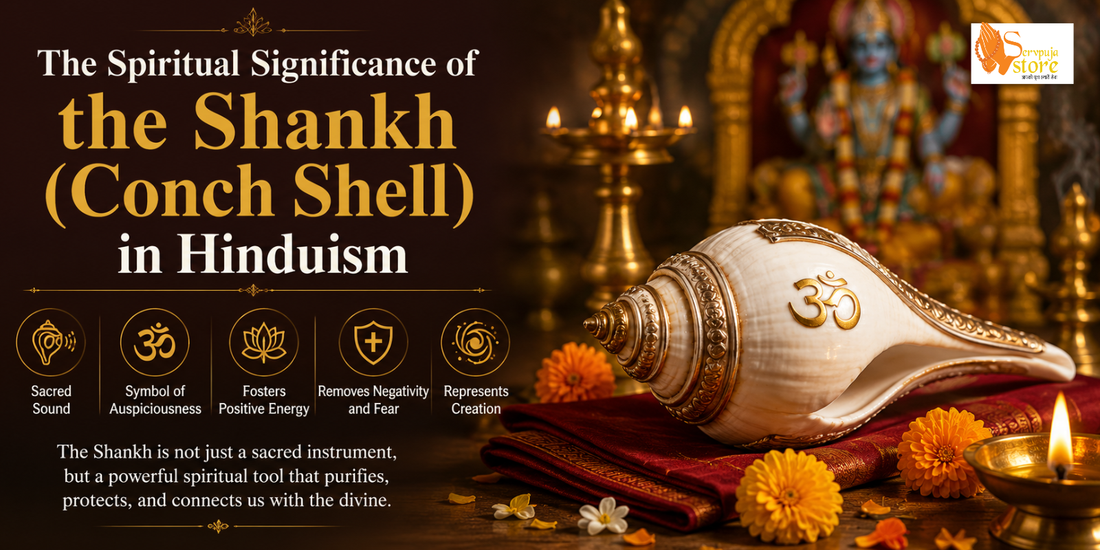Traditional white Shankh (conch shell) placed in a Hindu home temple with brass diya, flowers, and sacred puja items during worship.