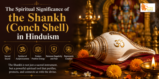 Traditional white Shankh (conch shell) placed in a Hindu home temple with brass diya, flowers, and sacred puja items during worship.