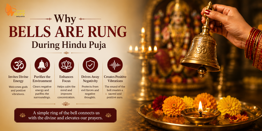 Traditional brass Hindu puja bell (Ghanti) placed beside a diya, flowers, and sacred puja items in a home temple during aarti.