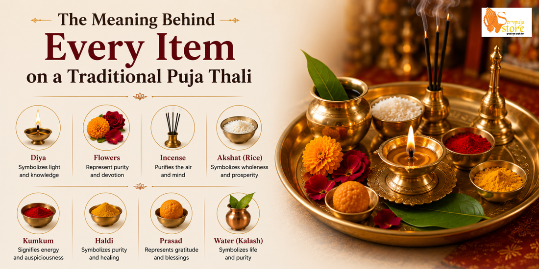 Traditional brass puja thali with diya, kumkum, haldi, rice, flowers, incense, bell, and other sacred items arranged for Hindu worship.