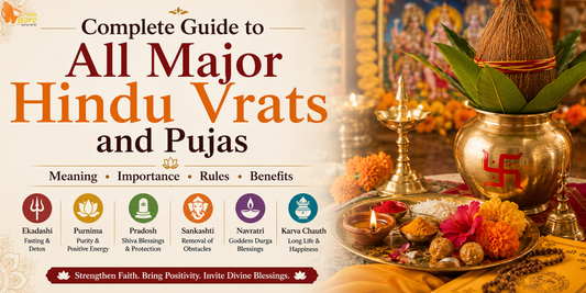 "Complete guide to all major Hindu vrats and pujas featuring traditional Hindu worship, sacred rituals, fasting practices, festivals, and essential puja items for spiritual devotion."